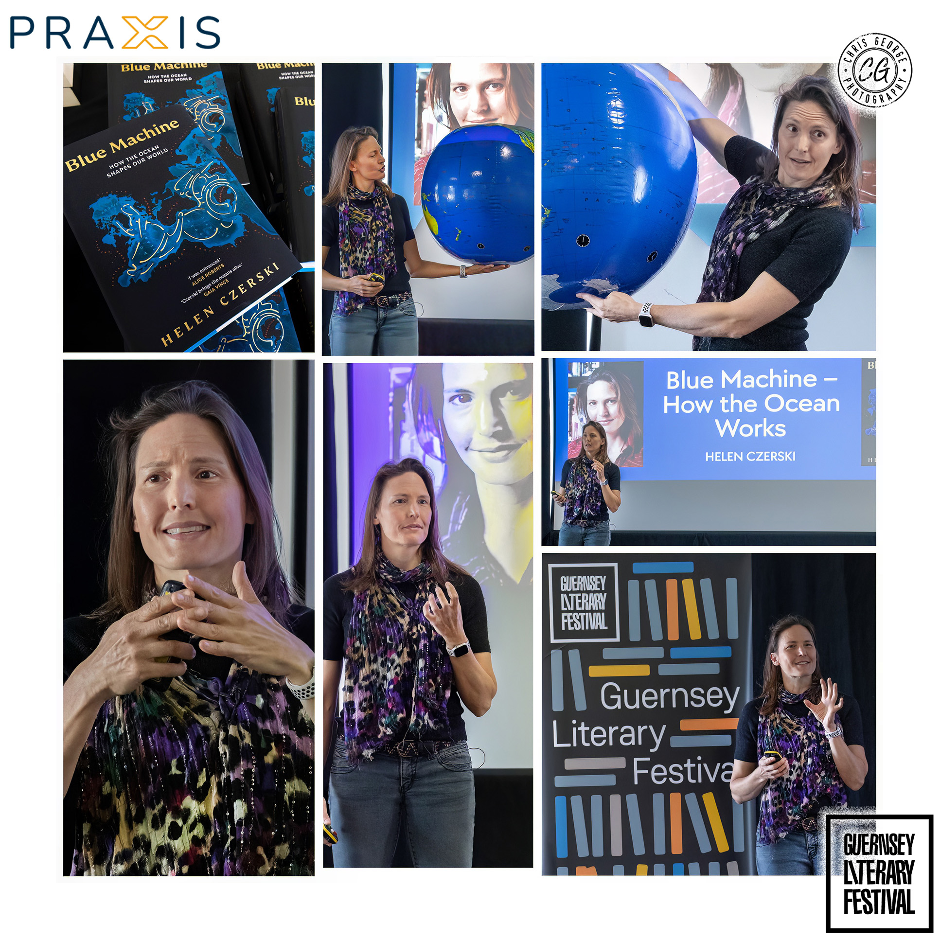 Author Helen Czerski talking on stage in front of a screen holding an inflatable earth